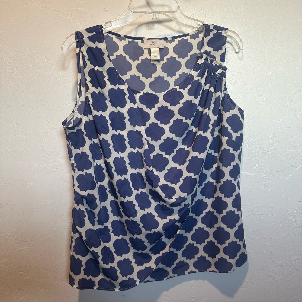 Loft Ruched Boat Neck Geometric Blue Cream Sleeveless Ruched Top Women’s MP
